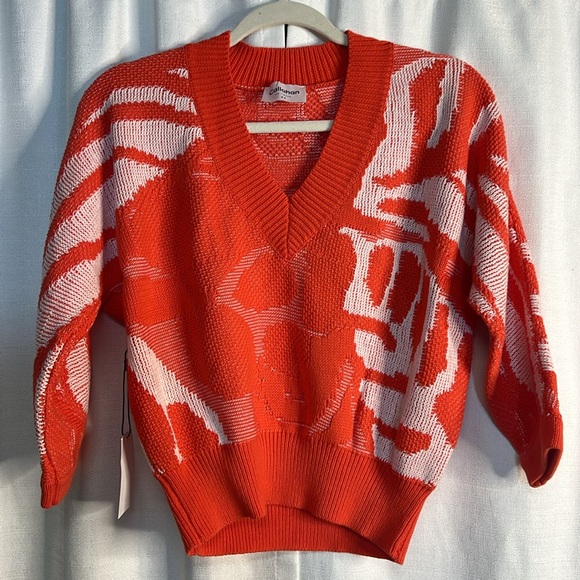 Callahan Knitwear x Anthropologie Jacquard Knit V-Neck Sweater Tangerine NWT - Picture 5 of 9